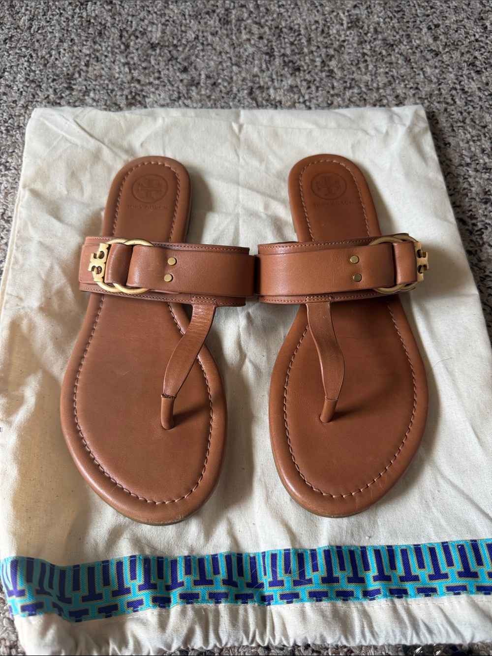 Tory Burch Brown Leather Thong Sandals with Gold Buckle